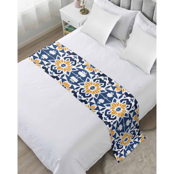 Xipuska Blue Morocco Bed Runners for King Size Bed, Decorative Bed Throws for Foot of Bed, Boho Geometric Antique Oriental Pattern Bed Runner Sofa Throw Bedding Scarf Protector Slipcover for Bedroom