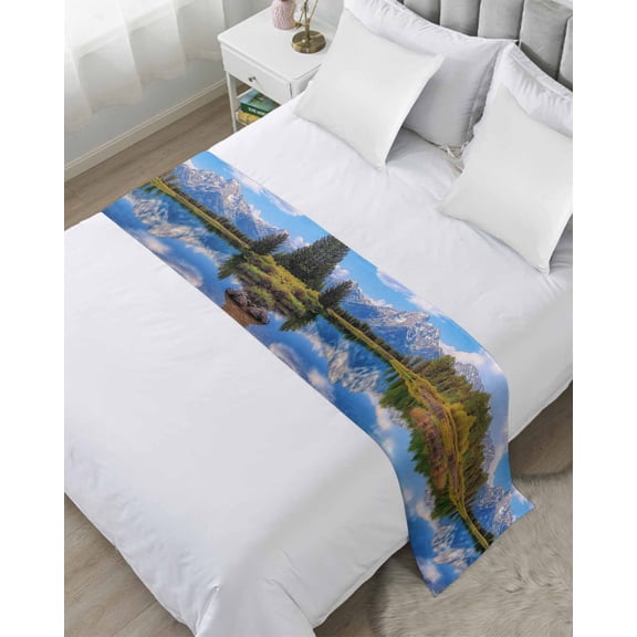 Xipuska Blue Mountain Bed Runners for Cal King Size Bed, Decorative Bed Throws for Foot of Bed, Green Forest Modern Art Pastoral Bed Runner Sofa Throw Bedding Scarf Protector Slipcover for Bedroom
