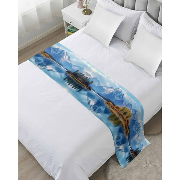 Xipuska Blue Mountain Bed Runners for King Size Bed, Decorative Bed Throws for Foot of Bed, Modern Art Farmhouse Forest Bed Runner Sofa Throw Bedding Scarf Protector Slipcover for Bedroom/Hotel