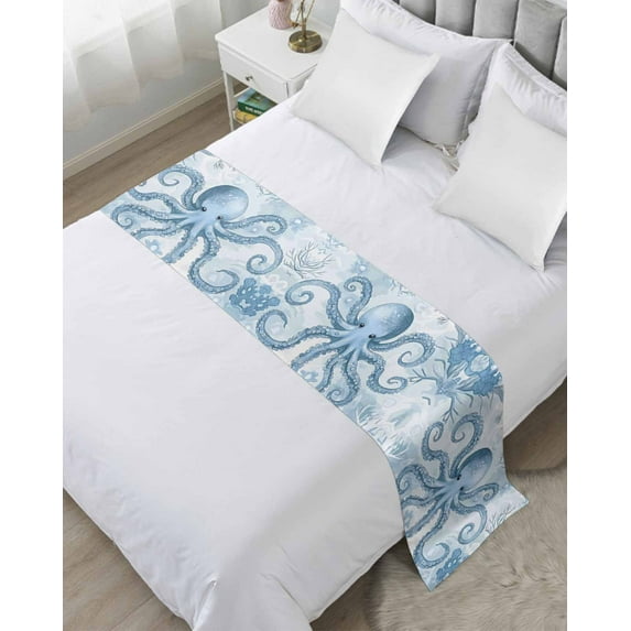 Xipuska Blue Octopus Bed Runners for Cal King Size Bed, Decorative Bed Throws for Foot of Bed, Summer Watercolor Ocean Coral Bed Runner Sofa Throw Bedding Scarf Protector Slipcover for Bedroom/Hotel