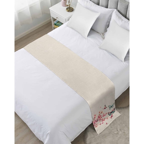 Xipuska Blue Pink Butterfly Bed Runners for Queen Size Bed, Decorative Bed Throws for Foot of Bed, Vintage Watercolor Spring Flowers Bed Runner Sofa Throw Bedding Scarf Protector Slipcover