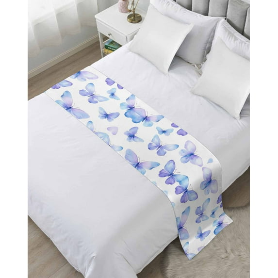 Xipuska Blue Purple Butterfly Bed Runners for Cal King Size Bed, Decorative Bed Throws for Foot of Bed, Watercolors Charming Butterflies Bed Runner Sofa Throw Bedding Scarf Slipcover for Bedroom
