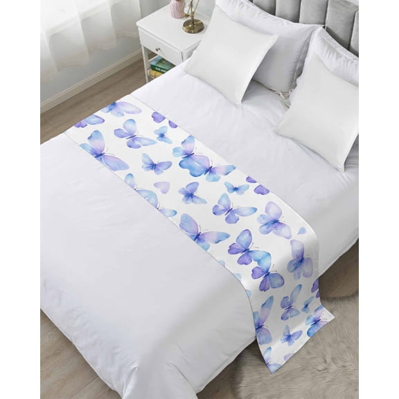 Xipuska Blue Purple Butterfly Bed Runners for Queen Size Bed, Decorative Bed Throws for Foot of Bed, Watercolors Charming Butterflies Bed Runner Sofa Throw Bedding Scarf Slipcover for Bedroom