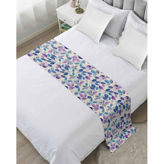 Xipuska Blue Purple Leaves Bed Runners for Queen Size Bed, Decorative Bed Throws for Foot of Bed, Botanical Abstract Color Retro Plants Bed Runner Sofa Throw Bedding Scarf Slipcover for Bedroom