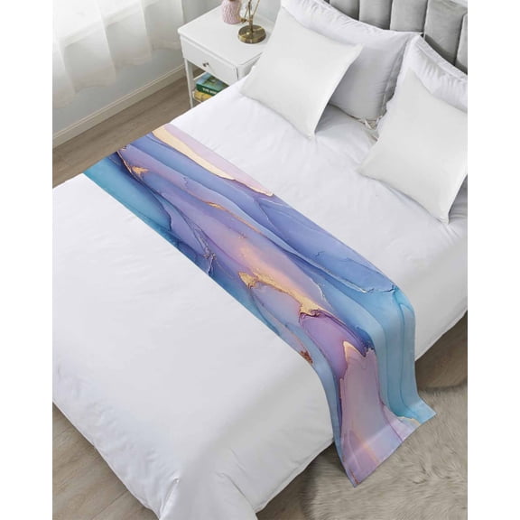 Xipuska Blue Purple Pink Bed Runners for Twin Size Bed, Decorative Bed Throws for Foot of Bed, Luxury Marble Modern Abstract Art Bed Runner Sofa Throw Bedding Scarf Protector Slipcover for Bedroom