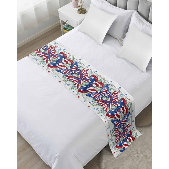 Xipuska Blue Red Butterfly 4th of July Bed Runners for Twin Size Bed, Decorative Bed Throws for Foot of Bed, Stars Independence Day Wooden Bed Runner Sofa Throw Bedding Scarf Slipcover for Bedroom