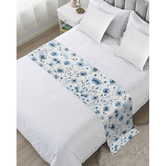 Xipuska Blue Spring Floral Bed Runners for King Size Bed, Decorative Bed Throws for Foot of Bed, Elegant Summer Botanical Bed Runner Sofa Throw Bedding Scarf Protector Slipcover for Bedroom/Hotel