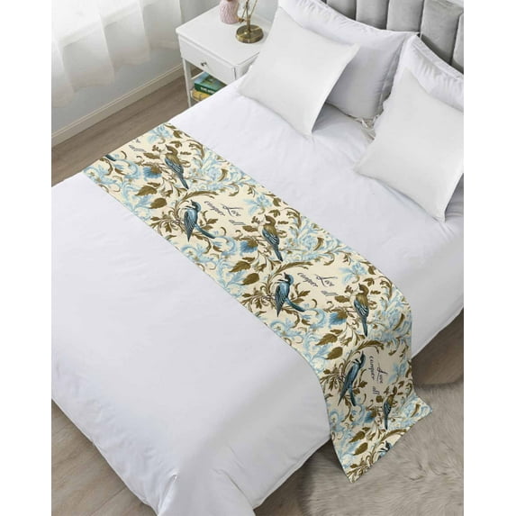 Xipuska Blue Spring Floral Bed Runners for King Size Bed, Decorative Bed Throws for Foot of Bed, Vintage Summer Botanical Birds Bed Runner Sofa Throw Bedding Scarf Protector Slipcover for Bedroom