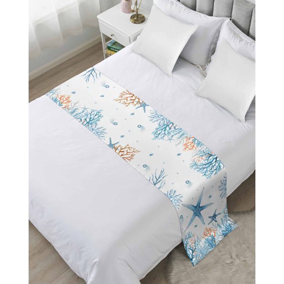 Xipuska Blue Starfish Coastal Bed Runners for Twin Size Bed, Decorative Bed Throws for Foot of Bed, Summer Ocean Nautical Coral Jellyfish Bed Runner Sofa Throw Bedding Scarf Slipcover for Bedroom