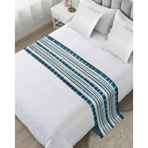 Xipuska Blue Striped Bed Runners for Cal King Size Bed, Decorative Bed Throws for Foot of Bed, Geometric Farmhouse Stripes Vintage Bed Runner Sofa Throw Bedding Scarf Protector Slipcover for Bedroom