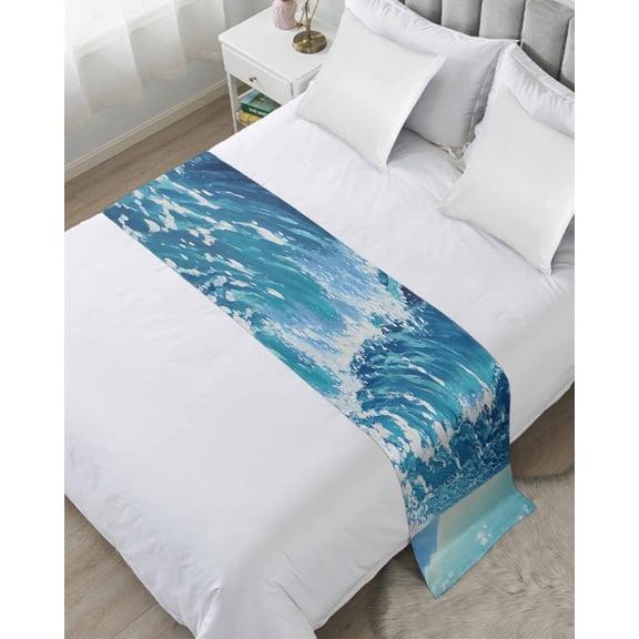Xipuska Blue Teal Coastal Bed Runners for Twin Size Bed, Decorative Bed Throws for Foot of Bed, Sea Nautical Ocean Waves Summer Beach Bed Runner Sofa Throw Bedding Scarf Slipcover for Bedroom