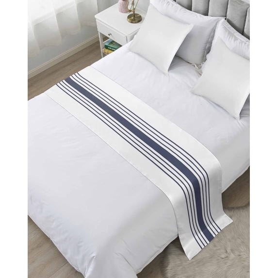 Xipuska Blue Vertical Striped Bed Runners for Cal King Size Bed, Decorative Bed Throws for Foot of Bed, White Minimalist Modern Bed Runner Sofa Throw Bedding Scarf Protector Slipcover for Bedroom