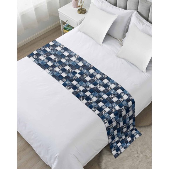 Xipuska Blue White Snowflake Bed Runners for Queen Size Bed, Decorative Bed Throws for Foot of Bed, Winter Geometric Check Plaid Bed Runner Sofa Throw Bedding Scarf Protector Slipcover for Bedroom
