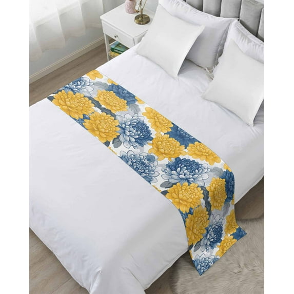 Xipuska Blue Yellow Spring Floral Bed Runners for King Size Bed, Decorative Bed Throws for Foot of Bed, Summer Botanical Elegant Bed Runner Sofa Throw Bedding Scarf Protector Slipcover for Bedroom