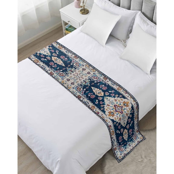 Xipuska Boho Blue Flower Bed Runners for King Size Bed, Decorative Bed Throws for Foot of Bed, Rustic Oriental Farmhouse Mexican Aztec Bed Runner Sofa Throw Bedding Scarf Slipcover for Bedroom