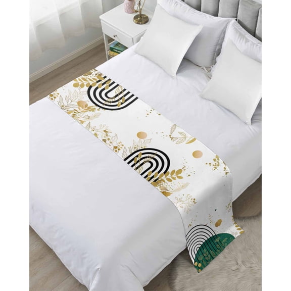 Xipuska Boho Green Bed Runners for Queen Size Bed, Decorative Bed Throws for Foot of Bed, Gold Leaf Black Bohemian Plant Circle Flower Bed Runner Sofa Throw Bedding Scarf Slipcover for Bedroom