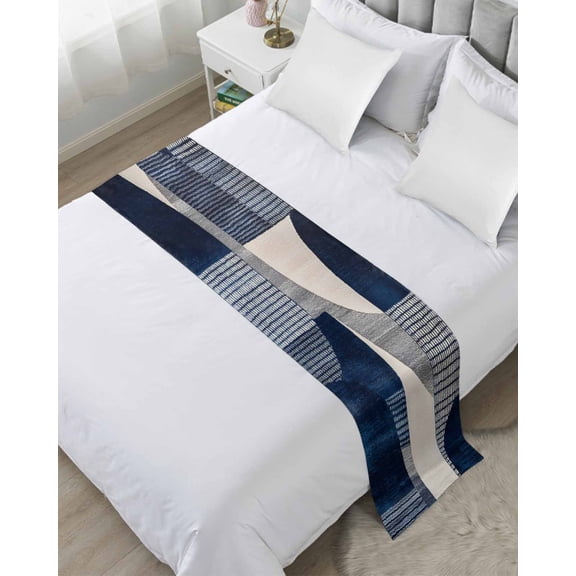 Xipuska Boho Navy Blue Bed Runners for Cal King Size Bed, Decorative Bed Throws for Foot of Bed, Modern Geometric Abstract Art Bed Runner Sofa Throw Bedding Scarf Protector Slipcover/Hotel