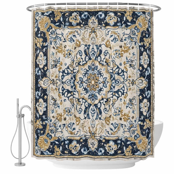 Xipuska Boho Navy Blue Shower Curtain - Water Repellent Fabric Shower Curtains Washable, Vintage Southwestern Geometric Ethnic Decorative Polyester Cloth Bathroom Curtains Modern Bath Decor 36"x72"