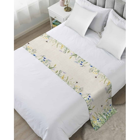 Xipuska Botanical Flower Bed Runners for King Size Bed, Decorative Bed Throws for Foot of Bed, Watercolor Floral Herbs Farmhouse Retro Bed Runner Sofa Throw Bedding Scarf Slipcover for Bedroom