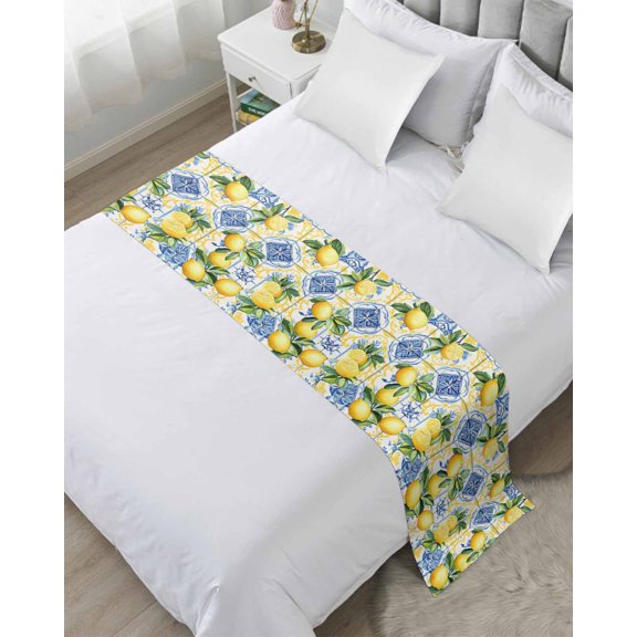 Xipuska Botanical Lemon Bed Runners for Queen Size Bed, Decorative Bed Throws for Foot of Bed, Spring Countryside Floral Blue Tile Bed Runner Sofa Throw Bedding Scarf Protector Slipcover for Bedroom