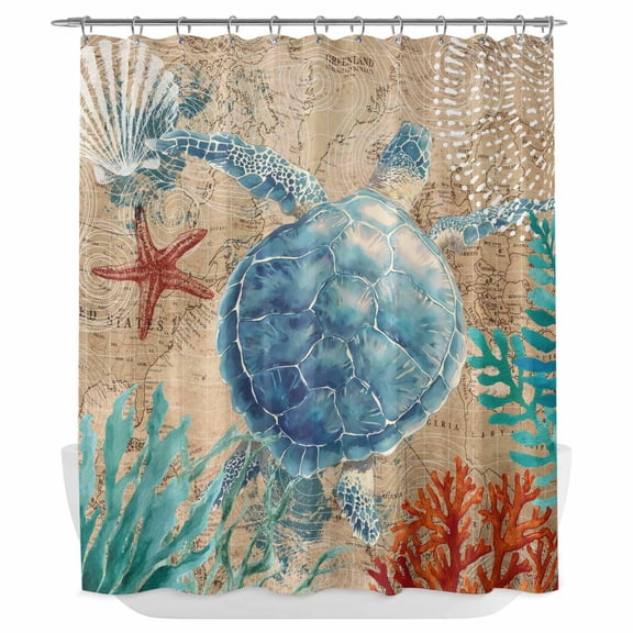Xipuska Brown Sea Turtle Coastal Shower Curtain - Water Repellent Fabric Shower Curtains Washable, Nautical Coral Ocean Vintage Decorative Polyester Cloth Bathroom Curtains Modern Bath Decor 66"x72"