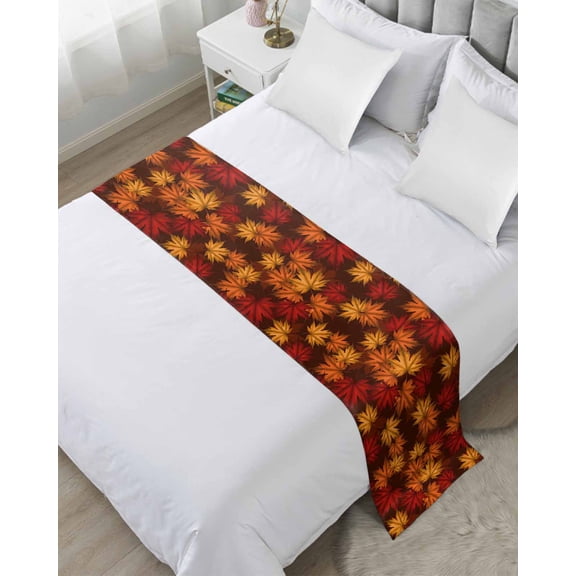 Xipuska Brown Thanksgiving Bed Runners for Queen Size Bed, Decorative Bed Throws for Foot of Bed, Fall Maple Leaves Farmhouse Vintage Bed Runner Sofa Throw Bedding Scarf Slipcover for Bedroom