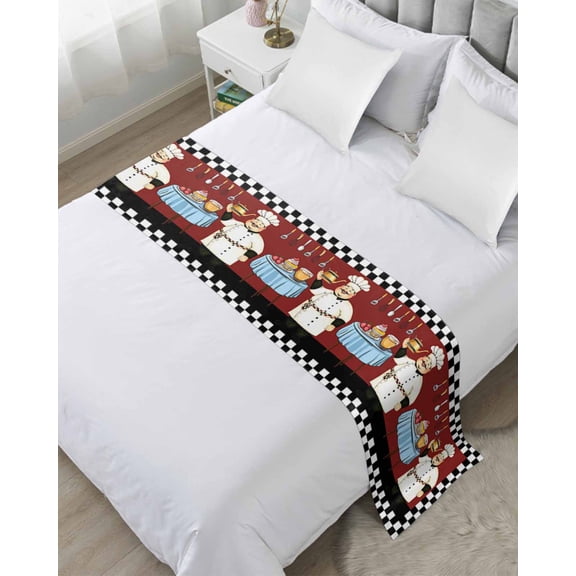 Xipuska Chef Bed Runners for King Size Bed, Decorative Bed Throws for Foot of Bed, Cartoon Red Food Cooking Black White Buffalo Check Bed Runner Sofa Throw Bedding Scarf Slipcover for Bedroom