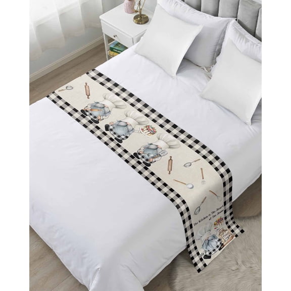 Xipuska Chef Gnomes Bed Runners for King Size Bed, Decorative Bed Throws for Foot of Bed, Black Grey Plaid Cake Cook Dessert Burlap Bed Runner Sofa Throw Bedding Scarf Protector Slipcover for Bedroom