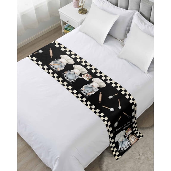 Xipuska Chef Gnomes Bed Runners for King Size Bed, Decorative Bed Throws for Foot of Bed, Black White Plaid Dessert Maker Cake Bed Runner Sofa Throw Bedding Scarf Protector Slipcover for Bedroom