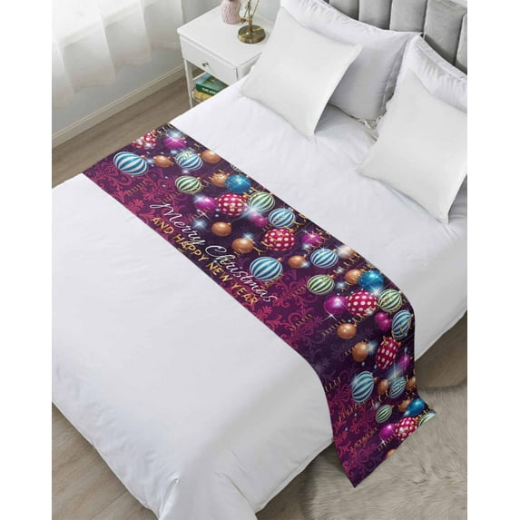 Xipuska Christmas Bed Runners for Queen Size Bed, Decorative Bed Throws for Foot of Bed, Xmas Colorful Weeping Balls Purple Floral Bed Runner Sofa Throw Bedding Scarf Protector Slipcover for Bedroom