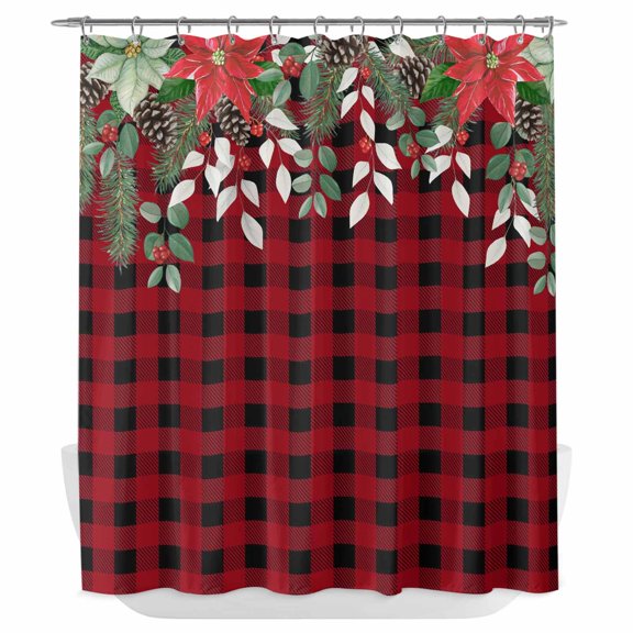 Xipuska Christmas Eucalyptus Shower Curtain - Water Repellent Fabric Shower Curtains Washable, Xmas Pine Poinsettia Botanical Red Plaid Decorative Cloth Bathroom Curtains Modern Bath Decor 66"x72"
