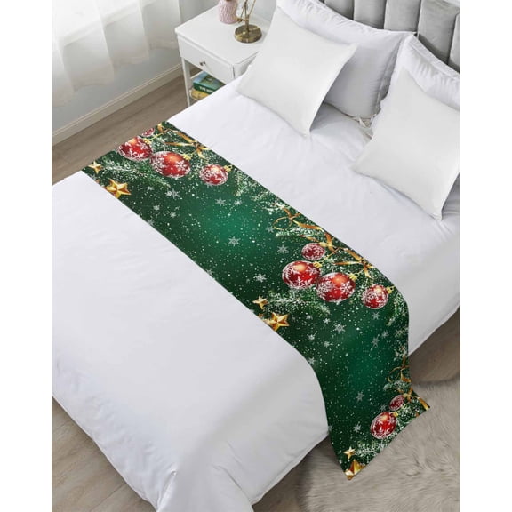 Xipuska Christmas Green Bed Runners for King Size Bed, Decorative Bed Throws for Foot of Bed, Winter Gold Star Red Xmas Balls Snowflake Bed Runner Sofa Throw Bedding Scarf Slipcover for Bedroom