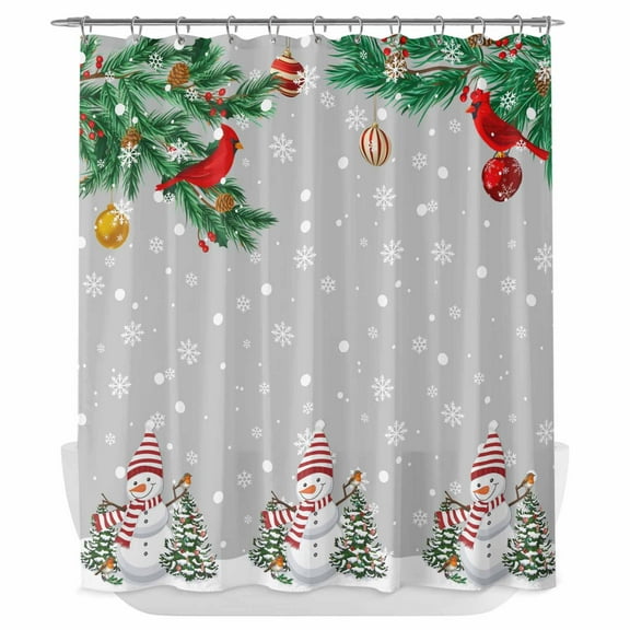 Xipuska Christmas Grey Shower Curtain - Water Repellent Fabric Shower Curtains Washable, Xmas Snowman Birds on Pine Branch Snowflake Decorative Cloth Bathroom Curtains Modern Bath Decor 66"x72"