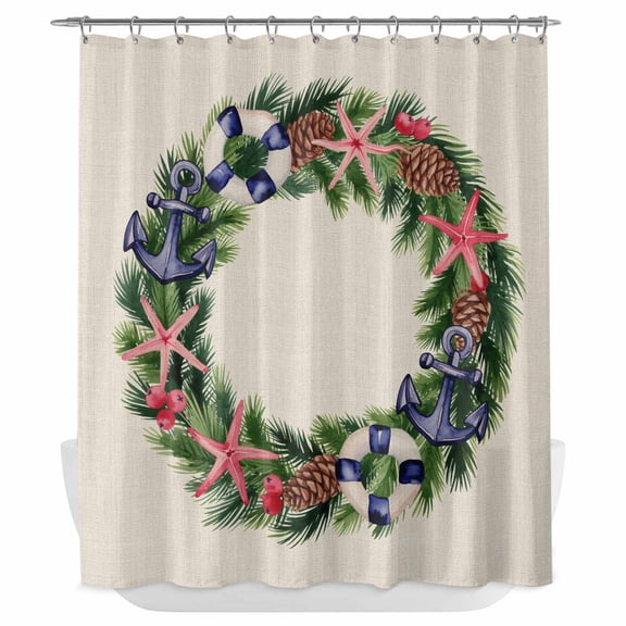 Xipuska Christmas Nautical Shower Curtain - Water Repellent Fabric Shower Curtains Washable, Winter Coastal Pine Anchor Starfish Decorative Polyester Cloth Bathroom Curtains Modern Bath Decor 66"x72"