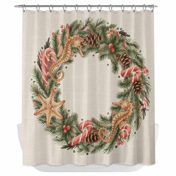 Xipuska Christmas Nautical Shower Curtain - Water Repellent Fabric Shower Curtains Washable, Winter Coastal Pine Seahorse Starfish Decorative Cloth Bathroom Curtains Modern Bath Decor 66"x72"