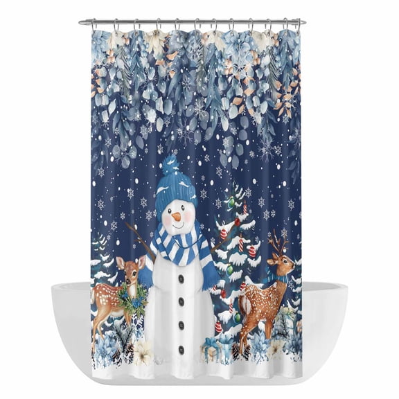 Xipuska Christmas Navy Shower Curtain - Water Repellent Fabric Shower Curtains Washable, Snowman Elk Eucalyptus Snowflakes Xmas Tree Decorative Cloth Bathroom Curtains Modern Bath Decor 36"x72"