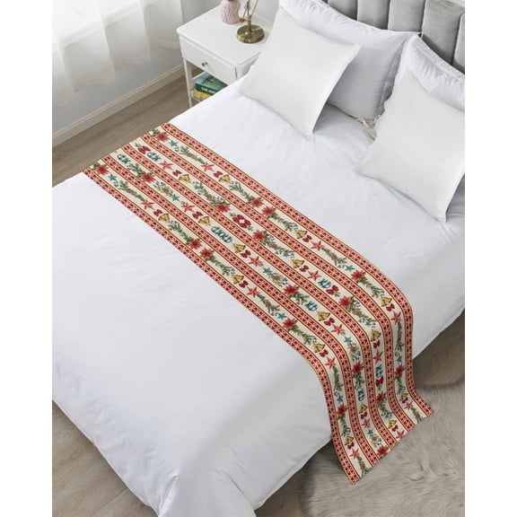 Xipuska Christmas Poinsettia Bed Runners for King Size Bed, Decorative Bed Throws for Foot of Bed, Xmas Pine Branch Snowflake Bell Stars Bed Runner Sofa Throw Bedding Scarf Slipcover for Bedroom