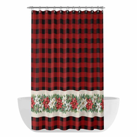 Xipuska Christmas Poinsettia Shower Curtain - Water Repellent Fabric Shower Curtains Washable, Red Plaid Xmas Botanical Decorative Polyester Cloth Bathroom Curtains Modern Bath Decor 36"x72"