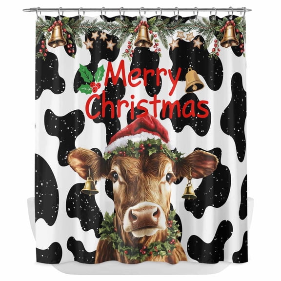 Xipuska Christmas Shower Curtain - Water Repellent Fabric Shower Curtains Washable, Winter Cow Xmas Pine Branches Animals Print Decorative Polyester Cloth Bathroom Curtains Modern Bath Decor 72"x78"