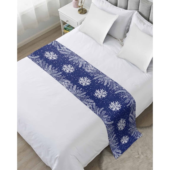 Xipuska Christmas Snowflakes Bed Runners for Cal King Size Bed, Decorative Bed Throws for Foot of Bed, Winter Xmas Pine Leaf Navy Blue Bed Runner Sofa Throw Bedding Scarf Slipcover for Bedroom