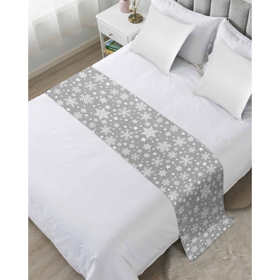 Xipuska Christmas Snowflakes Bed Runners for Cal King Size Bed, Decorative Bed Throws for Foot of Bed, Xmas Winter Watercolor Grey White Bed Runner Sofa Throw Bedding Scarf Slipcover for Bedroom