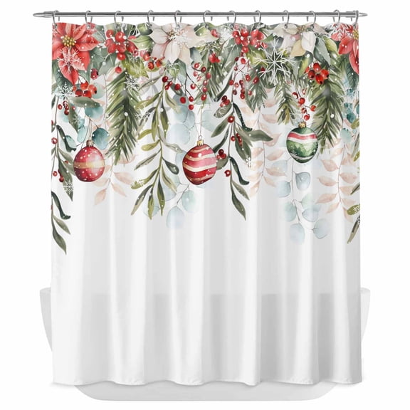 Xipuska Christmas Snowflakes Shower Curtain - Water Repellent Fabric Shower Curtains Washable, Winter Poinsettia Xmas Balls Floral Leaf Decorative Cloth Bathroom Curtains Modern Bath Decor 72"x78"