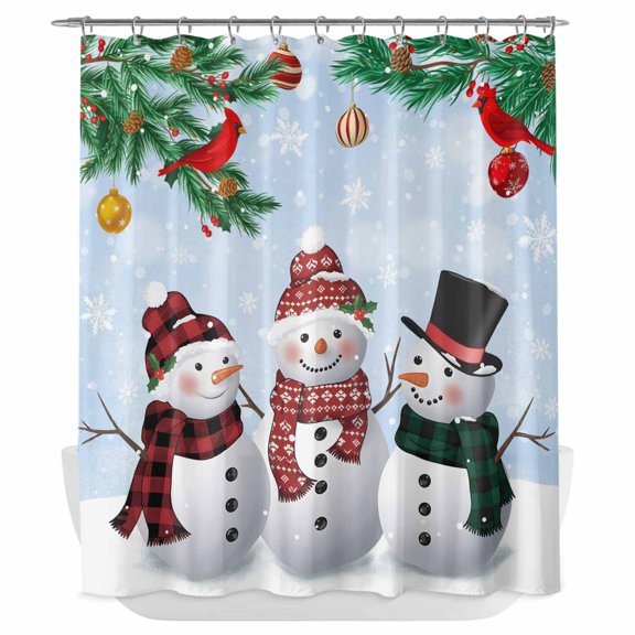 Xipuska Christmas Snowman Shower Curtain - Water Repellent Fabric Shower Curtains Washable, Sky Blue Xmas Pine Branch Snowflake Red Bird Decorative Cloth Bathroom Curtains Modern Bath Decor 66"x72"