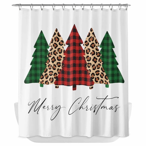 Xipuska Christmas Trees Shower Curtain - Water Repellent Fabric Shower Curtains Washable, Xmas Winter Leopard Printed Plaid Pine Decorative Polyester Cloth Bathroom Curtains Modern Bath Decor 72"x72"