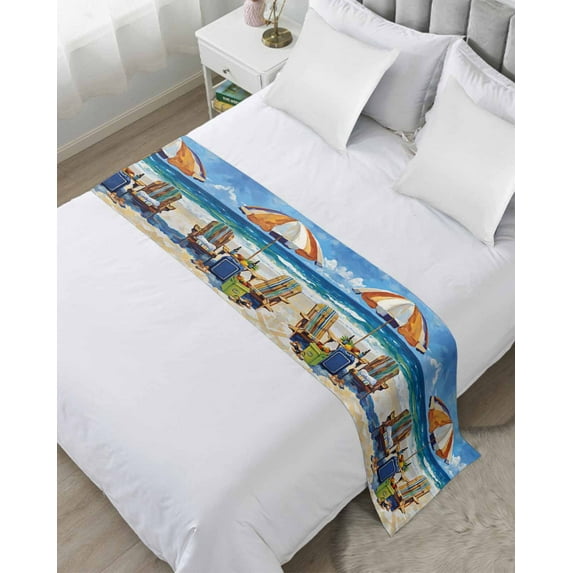 Xipuska Coastal Beach Bed Runners for Queen Size Bed, Decorative Bed Throws for Foot of Bed, Summer Ocean Sea Wave Oil Painting Bed Runner Sofa Throw Bedding Scarf Protector Slipcover for Bedroom
