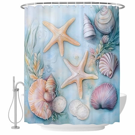 Xipuska Coastal Beach Shower Curtain - Water Repellent Fabric Shower Curtains Washable, Summer Starfish Nautical Shell Ocean Decorative Polyester Cloth Bathroom Curtains Modern Bath Decor 72"x72"