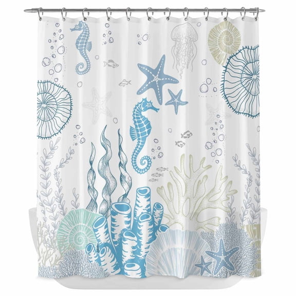 Xipuska Coastal Blue Shower Curtain - Water Repellent Fabric Shower Curtains Washable, Ocean Coral Starfish Jellyfish Seahorse Decorative Polyester Cloth Bathroom Curtains Modern Bath Decor 72"x78"
