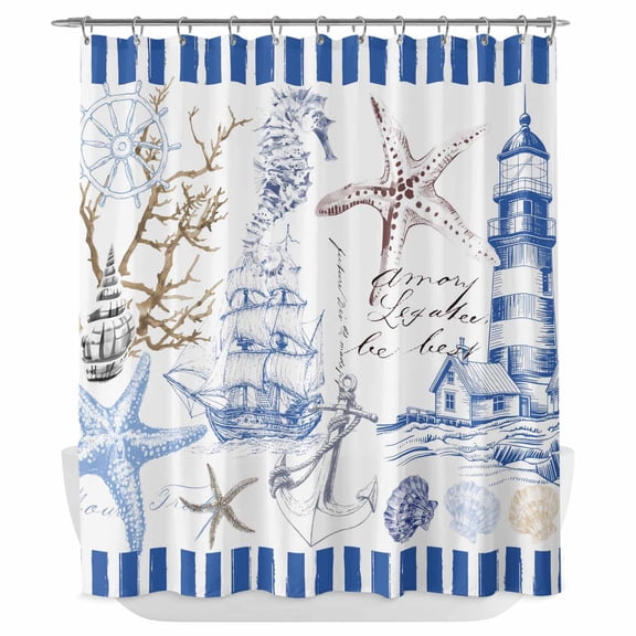 Xipuska Coastal Blue Shower Curtain - Water Repellent Fabric Shower Curtains Washable, Ocean Nautical Lighthouse Starfish Anchor Decorative Polyester Cloth Bathroom Curtains Modern Bath Decor 72"x72"