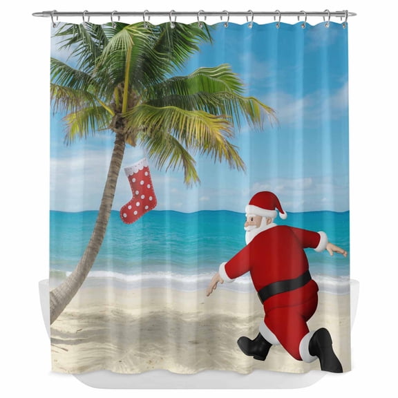 Xipuska Coastal Christmas Santa Shower Curtain - Water Repellent Fabric Shower Curtains Washable, Xmas Stocking Palm Tree Beach Decorative Polyester Cloth Bathroom Curtains Modern Bath Decor 72"x78"