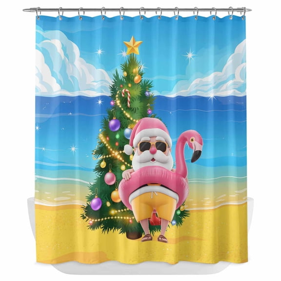 Xipuska Coastal Christmas Shower Curtain - Water Repellent Fabric Shower Curtains Washable, Flamingo Santa Ocean Beach Nautical Decorative Polyester Cloth Bathroom Curtains Modern Bath Decor 66"x72"